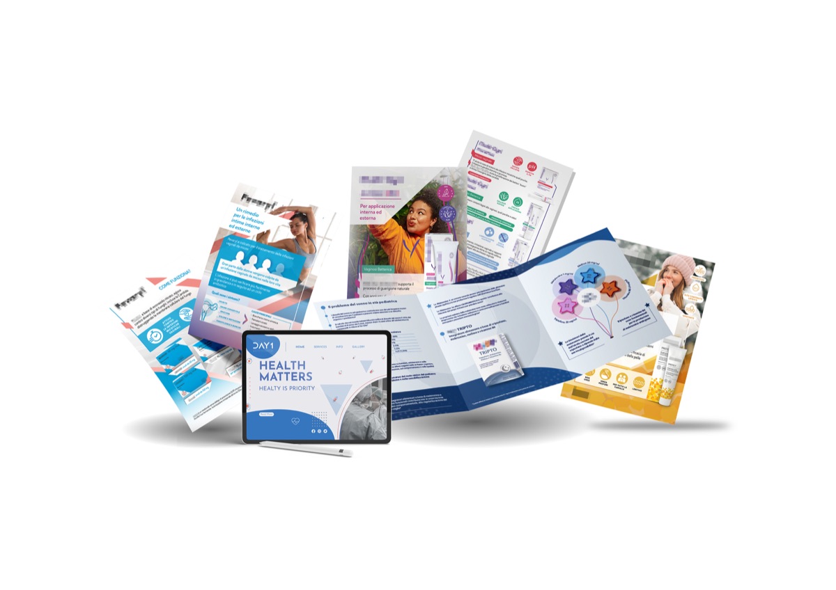 Materiali di comunicazione realizzati da DAY1: folder, brochure e contenuti digitali